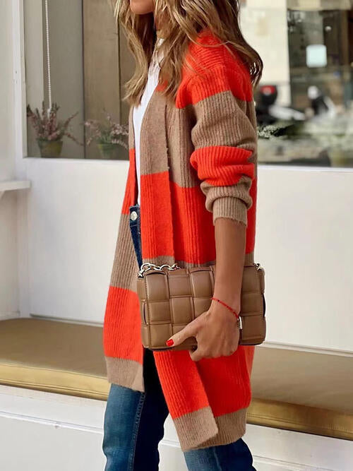 Contrast Open Front Long Sleeve Cardigan Bazaarbey
