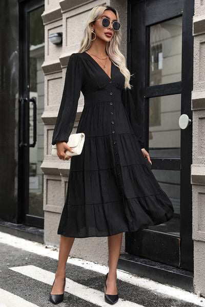 Tiered Ruched Button Up Midi Dress -BazaarBey - www.shopbazaarbey.com