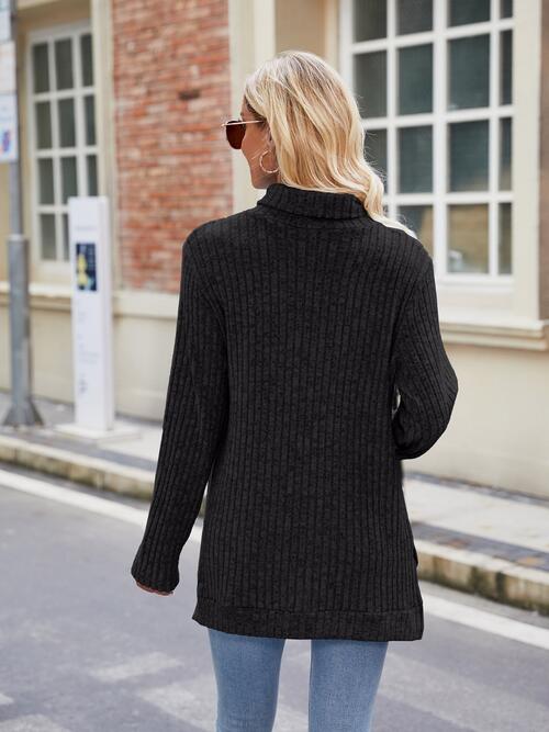 Ribbed Turtleneck Long Sleeve Slit Knit Top Bazaarbey