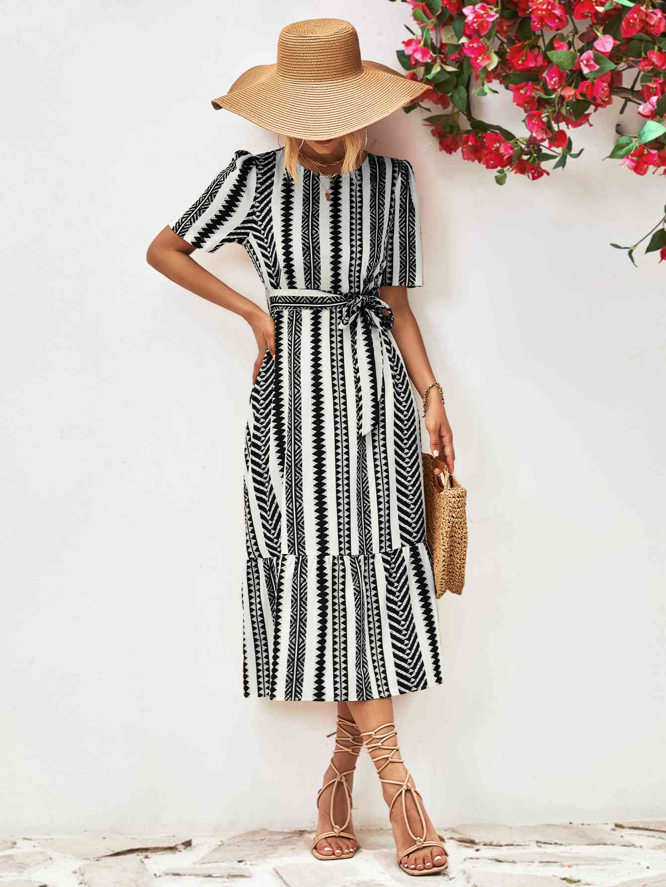 Striped Tie Belt Round Neck Puff Sleeve Dress -BazaarBey - www.shopbazaarbey.com