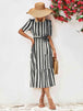 Striped Tie Belt Round Neck Puff Sleeve Dress -BazaarBey - www.shopbazaarbey.com