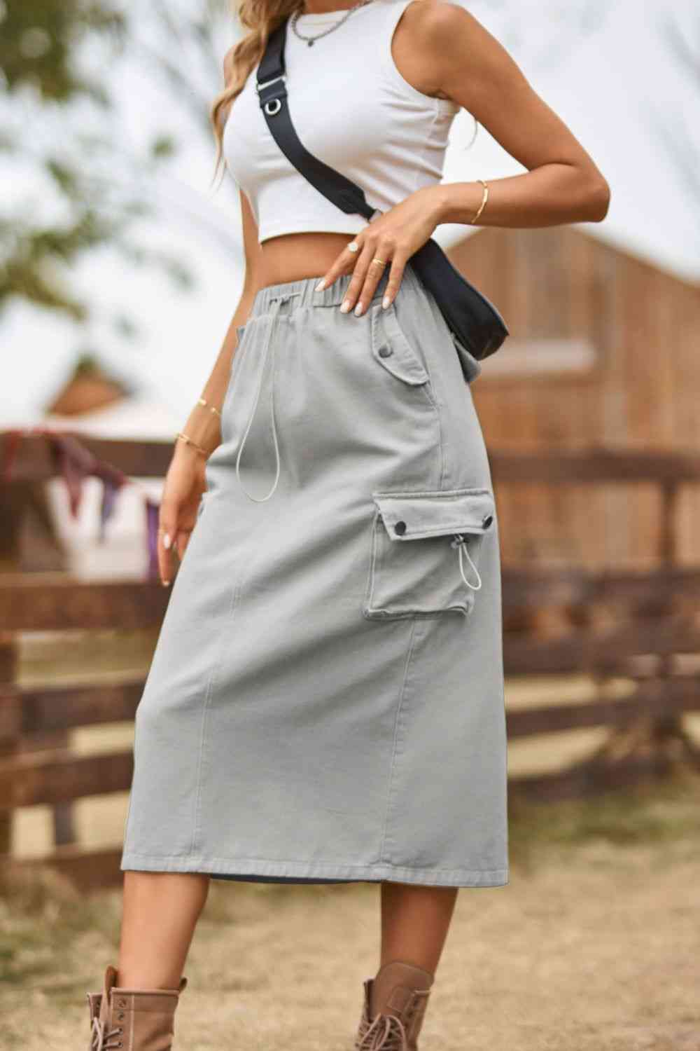 Drawstring Waist Slit Denim Skirt Bazaarbey