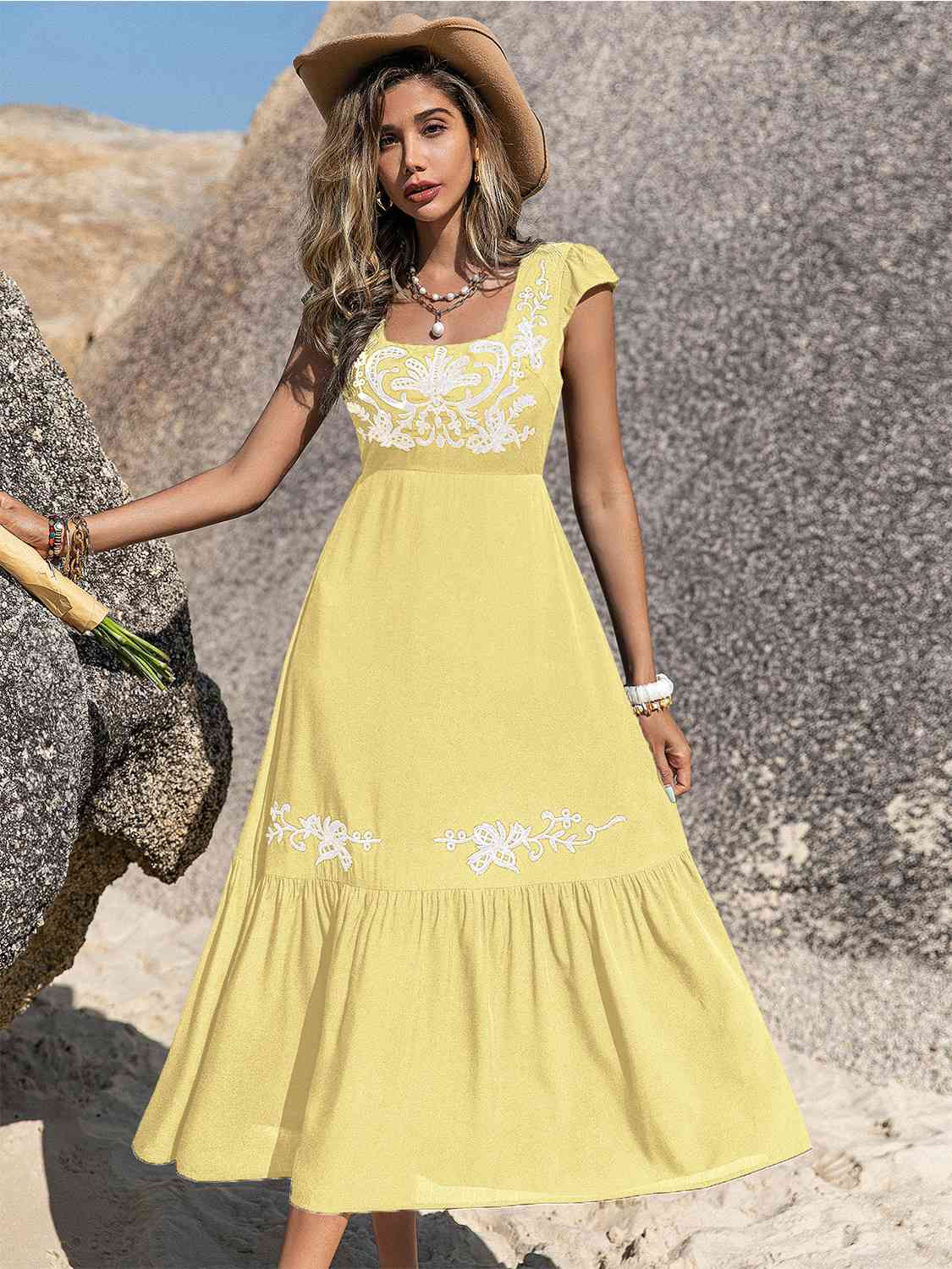 Embroidered Square Neck Ruffle Hem Dress -BazaarBey - www.shopbazaarbey.com