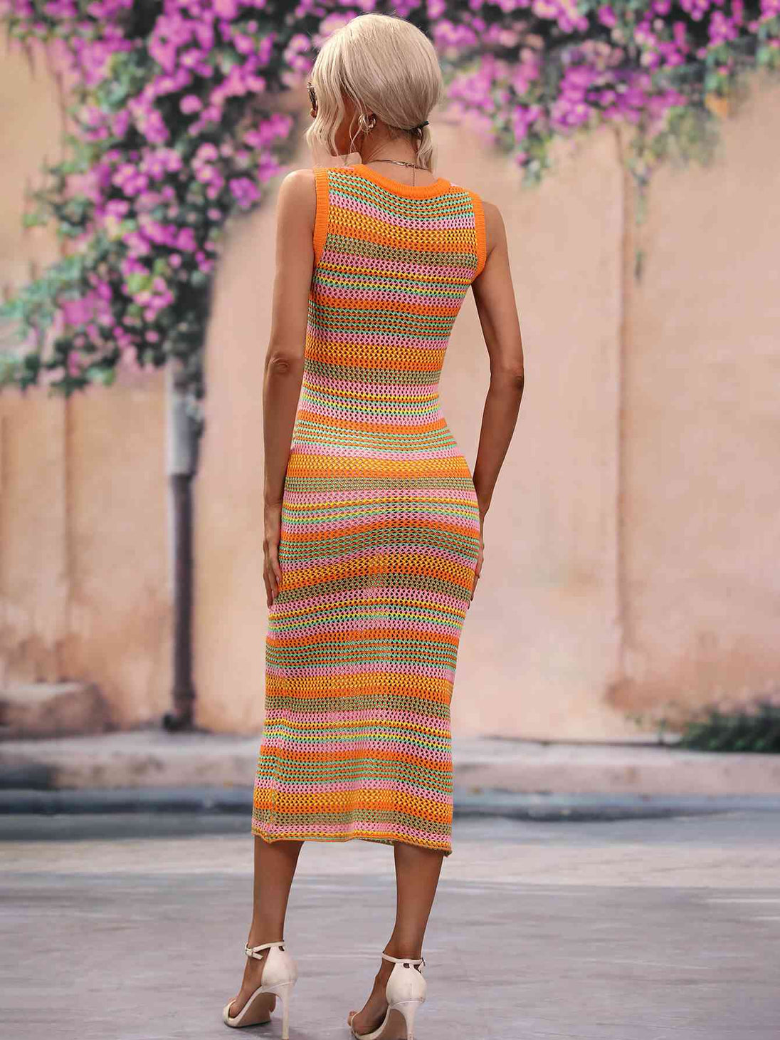 Striped Round Neck Sleeveless Midi Cover Up Dress Bazaarbey