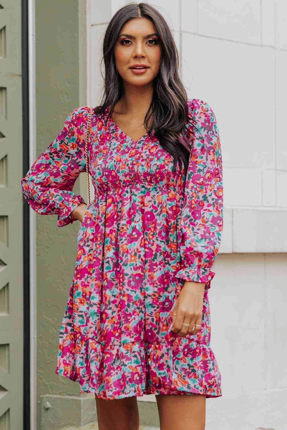 Floral Smocked V-Neck Flounce Sleeve Dress -BazaarBey - www.shopbazaarbey.com