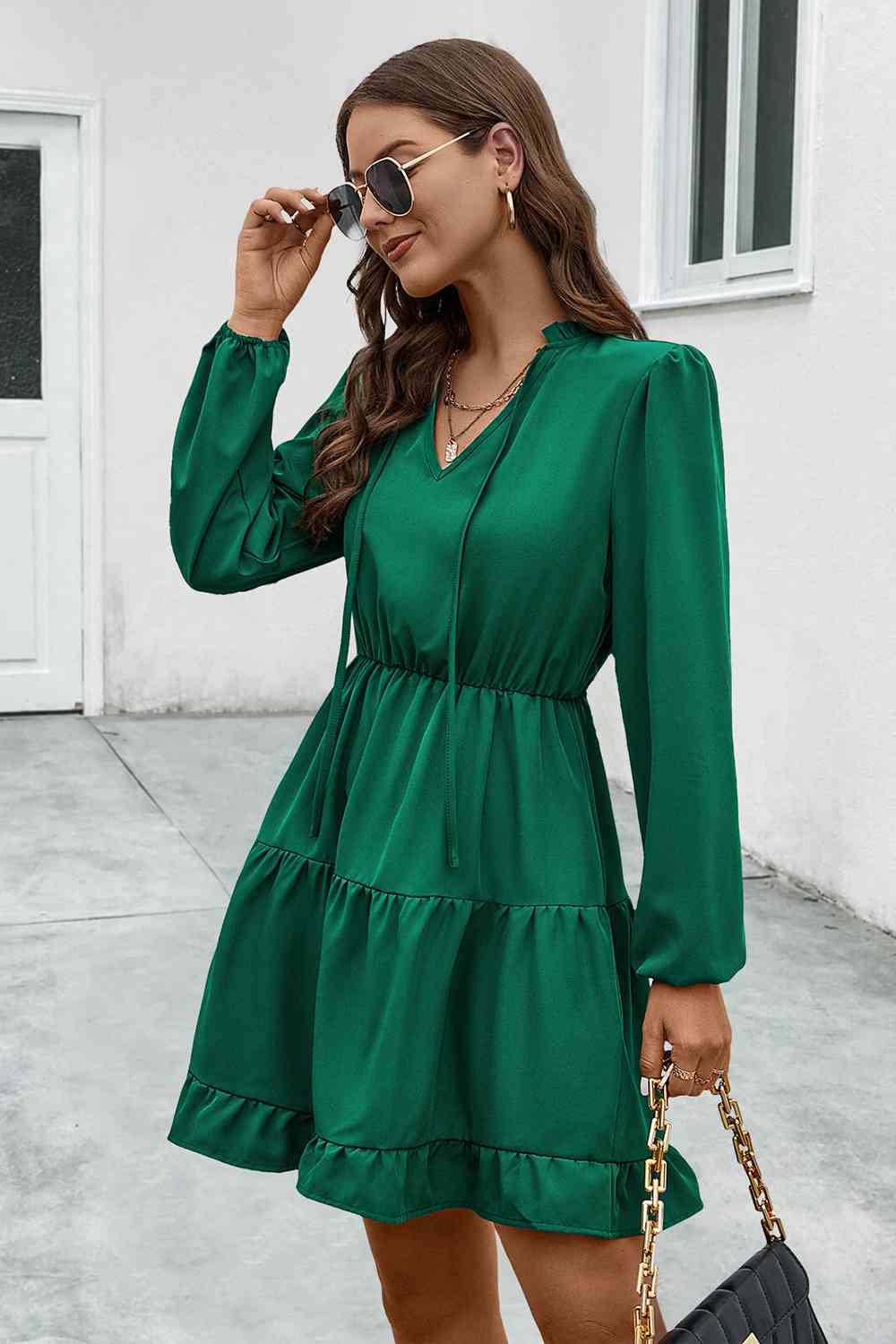 V-Neck Tie Neck Long Sleeve Dress -BazaarBey - www.shopbazaarbey.com