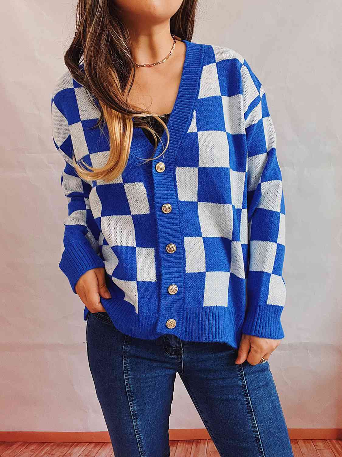 Checkered Open Front Button Up Cardigan Bazaarbey