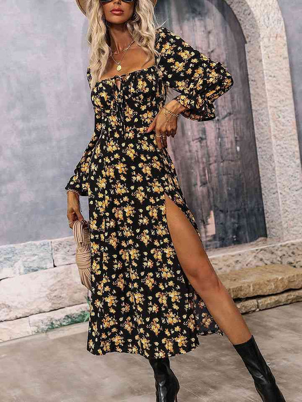 Square Neck Printed Slit Dress -BazaarBey - www.shopbazaarbey.com