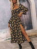 Square Neck Printed Slit Dress -BazaarBey - www.shopbazaarbey.com