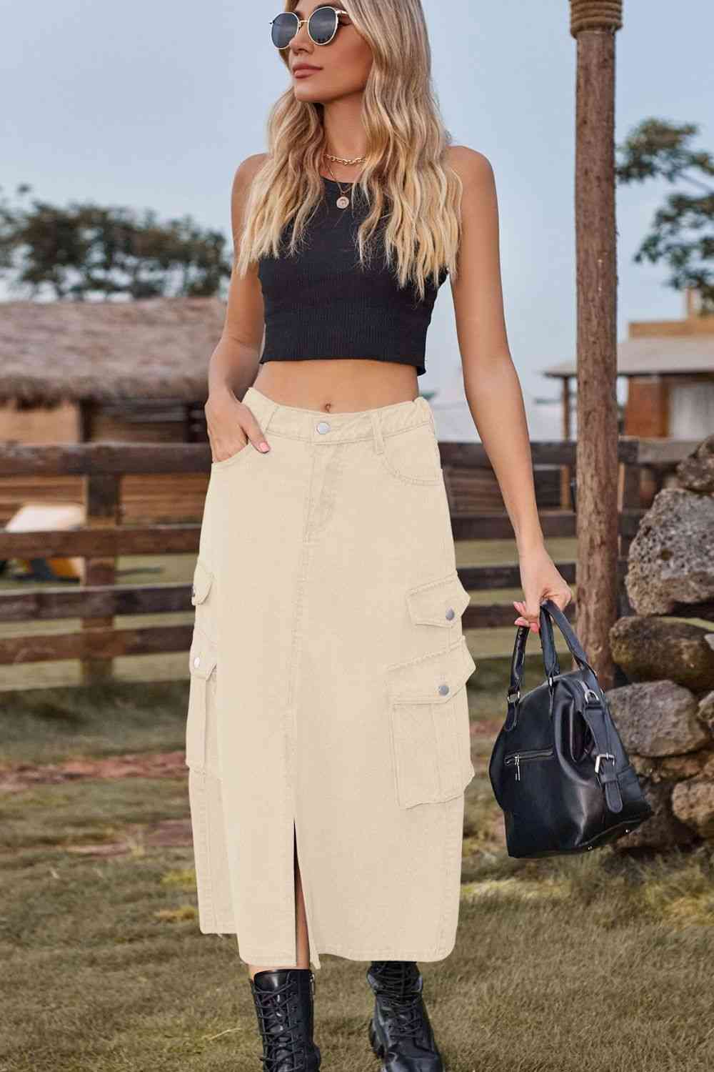 Slit Front Midi Denim Skirt with Pockets Trendsi