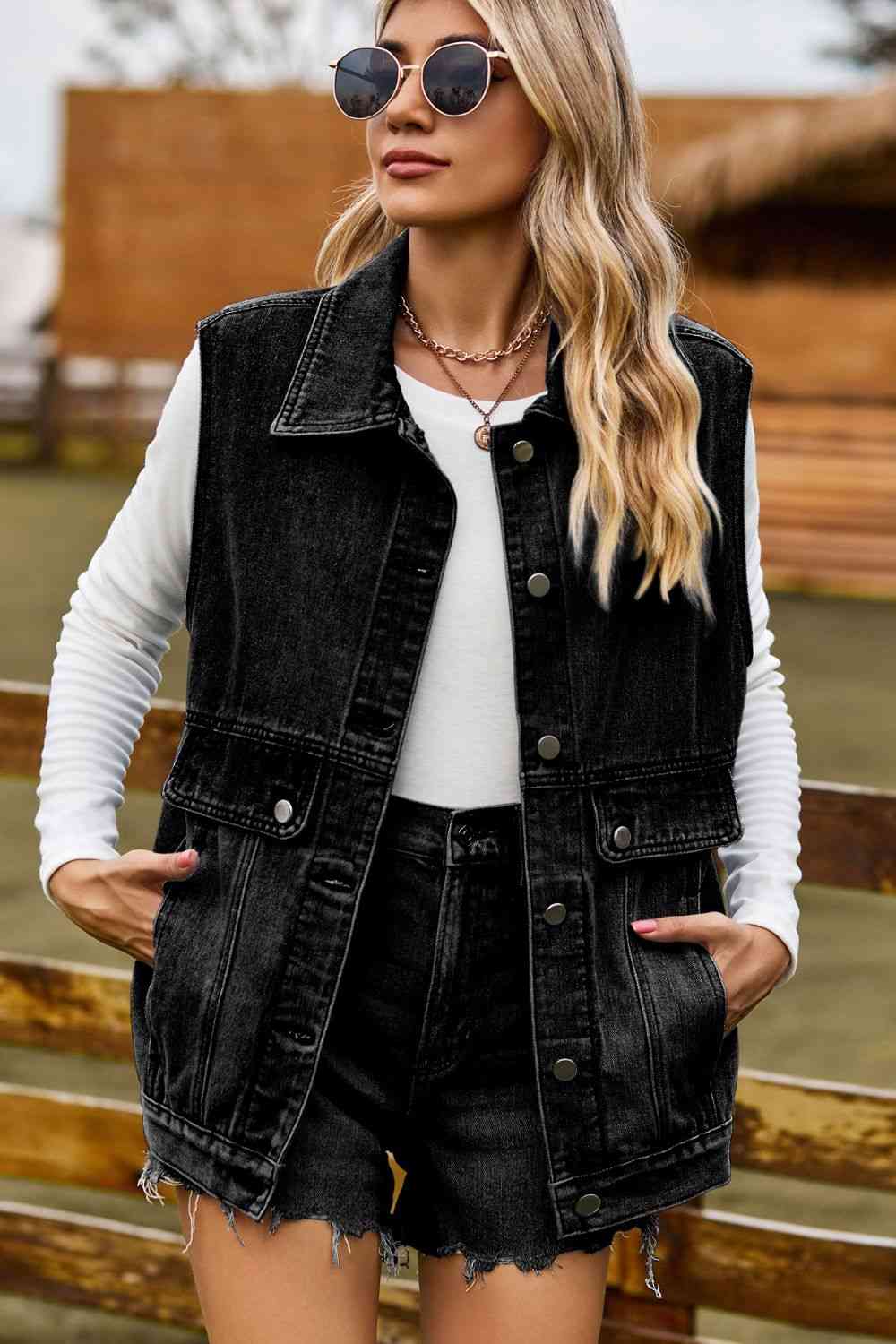 Sleeveless Collared Neck Denim Top with Pockets Bazaarbey