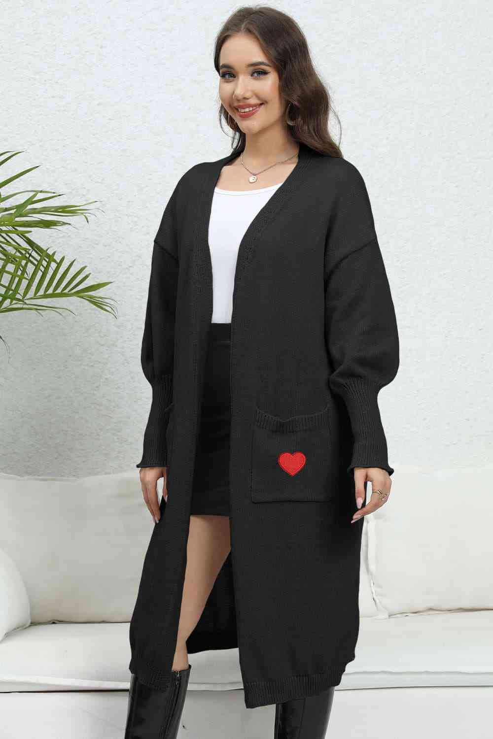 Lantern Sleeve Open Front Pocketed Cardigan Trendsi