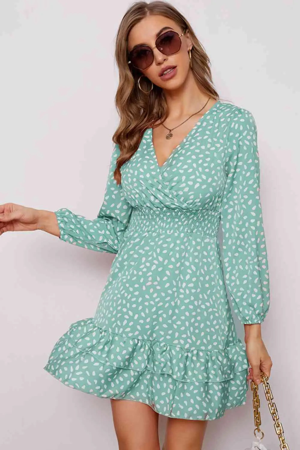 Printed  Neck Puff Sleeve Ruffle Hem Dress -BazaarBey - www.shopbazaarbey.com