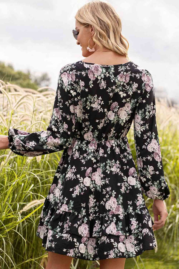 Floral Lace Trim Long Sleeve Dress -BazaarBey - www.shopbazaarbey.com