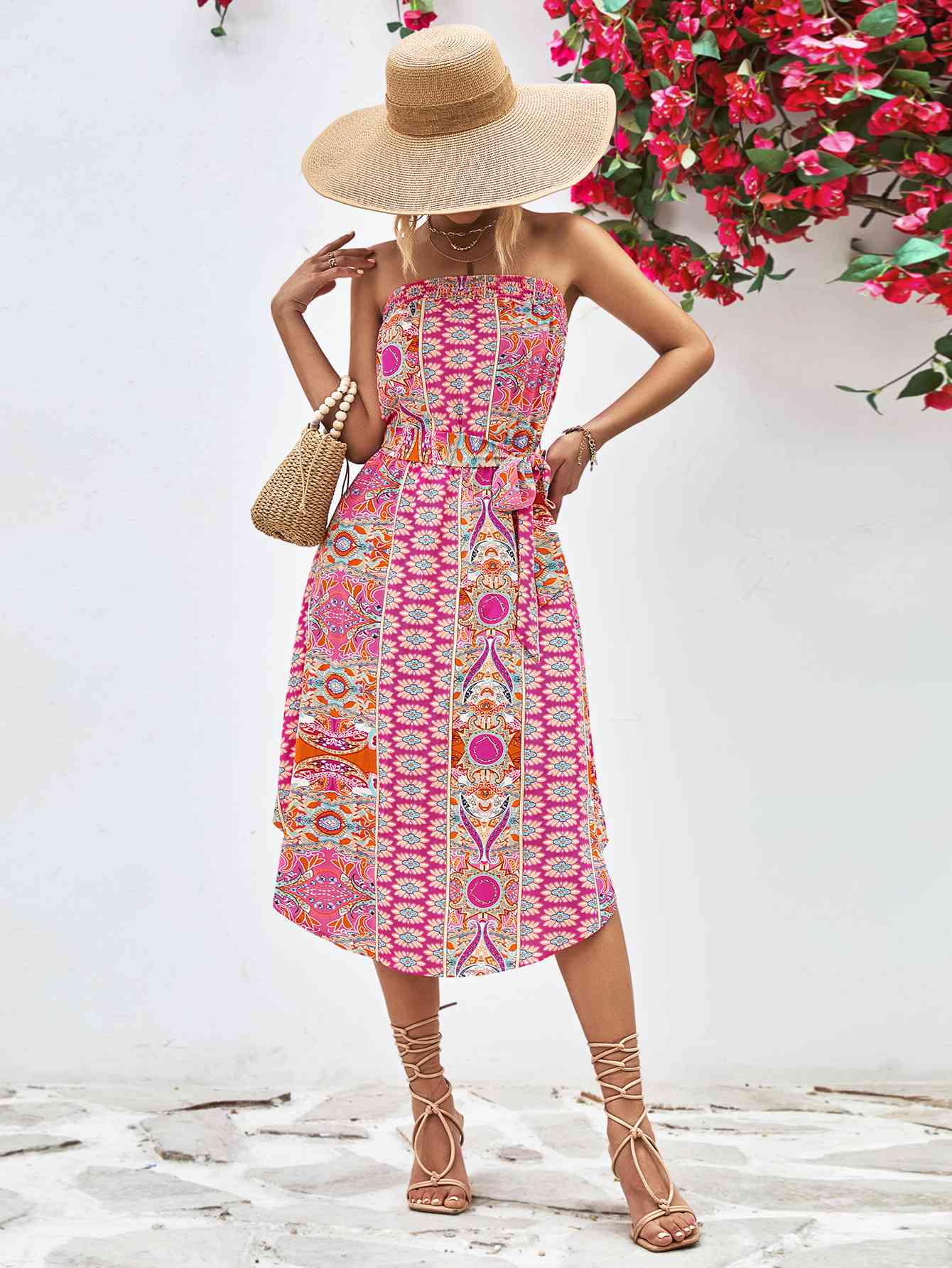 Printed Strapless Tie Belt Dress -BazaarBey - www.shopbazaarbey.com