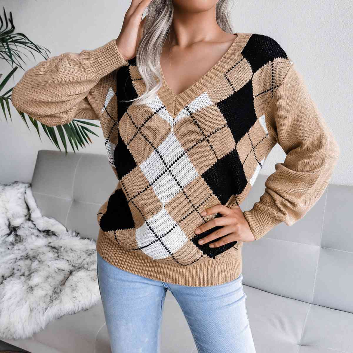 Geometric V-Neck Sweater Bazaarbey