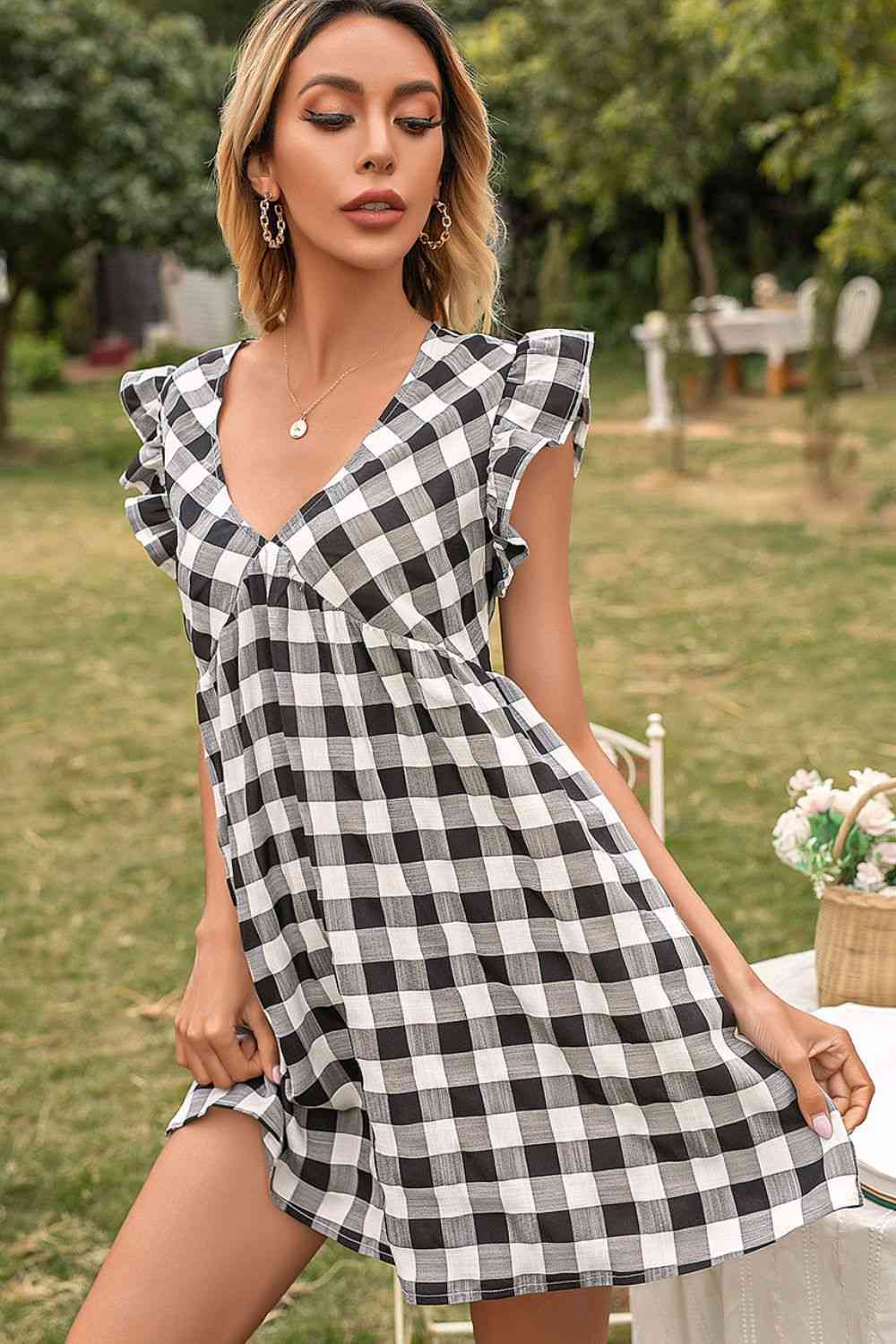 Plaid Butterfly Sleeve Deep V Dress -BazaarBey - www.shopbazaarbey.com