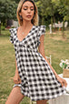 Plaid Butterfly Sleeve Deep V Dress -BazaarBey - www.shopbazaarbey.com