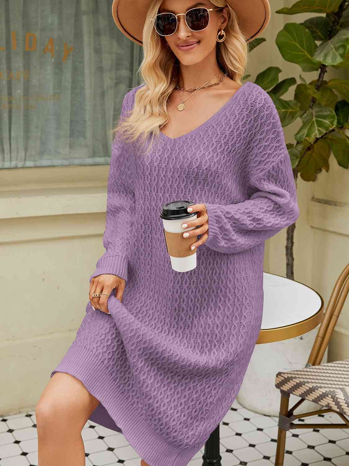 V-Neck Long Sleeve Sweater Dress Bazaarbey