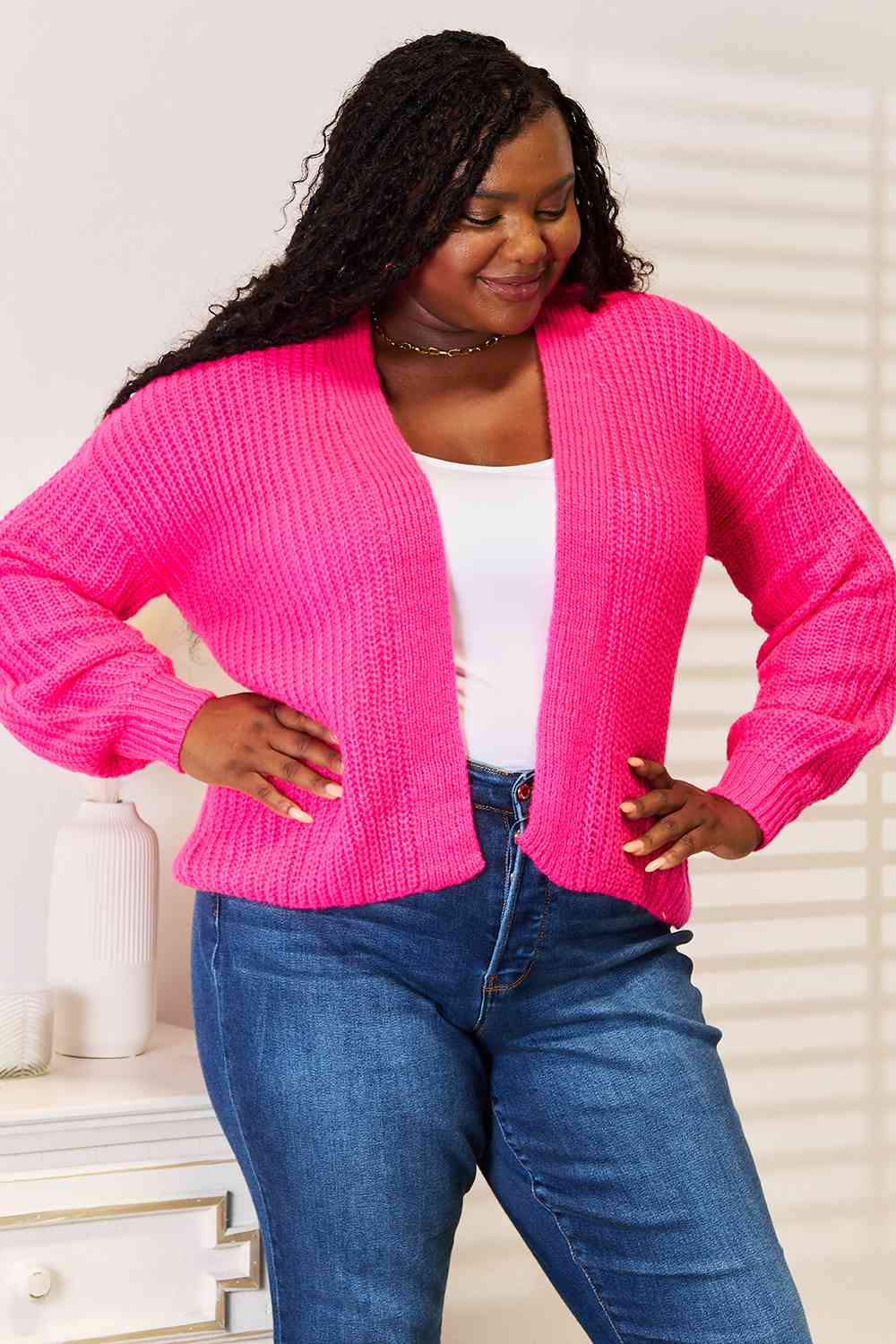 Woven Right Rib-Knit Open Front Drop Shoulder Cardigan Bazaarbey