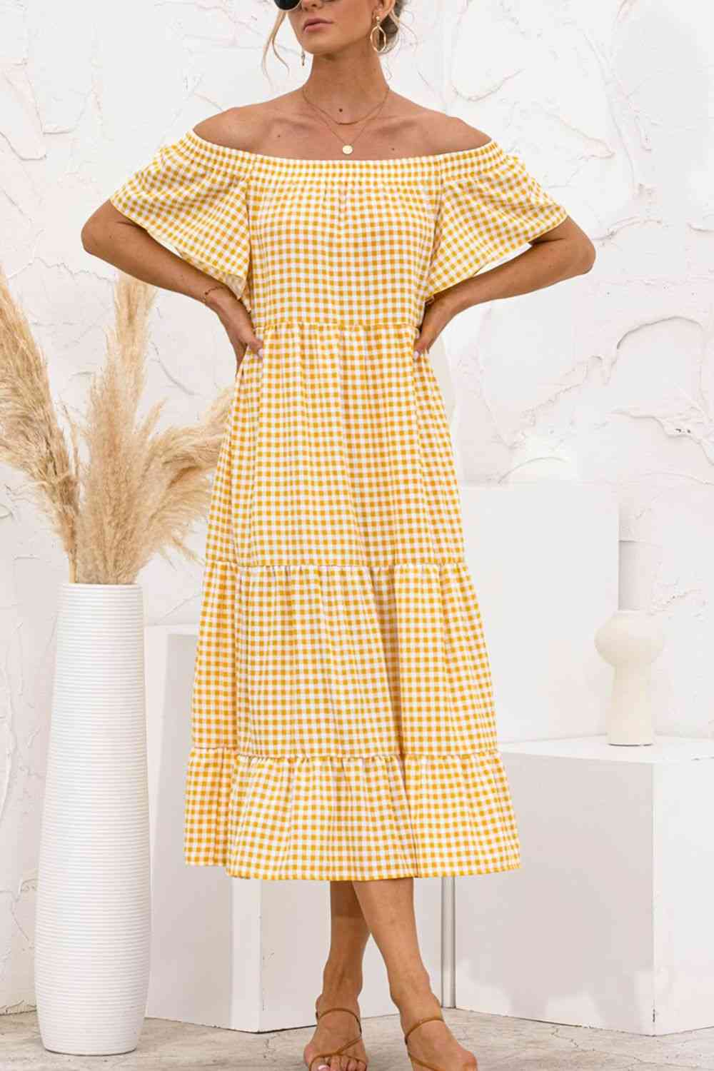 Plaid Off-Shoulder Tiered Midi Dress -BazaarBey - www.shopbazaarbey.com