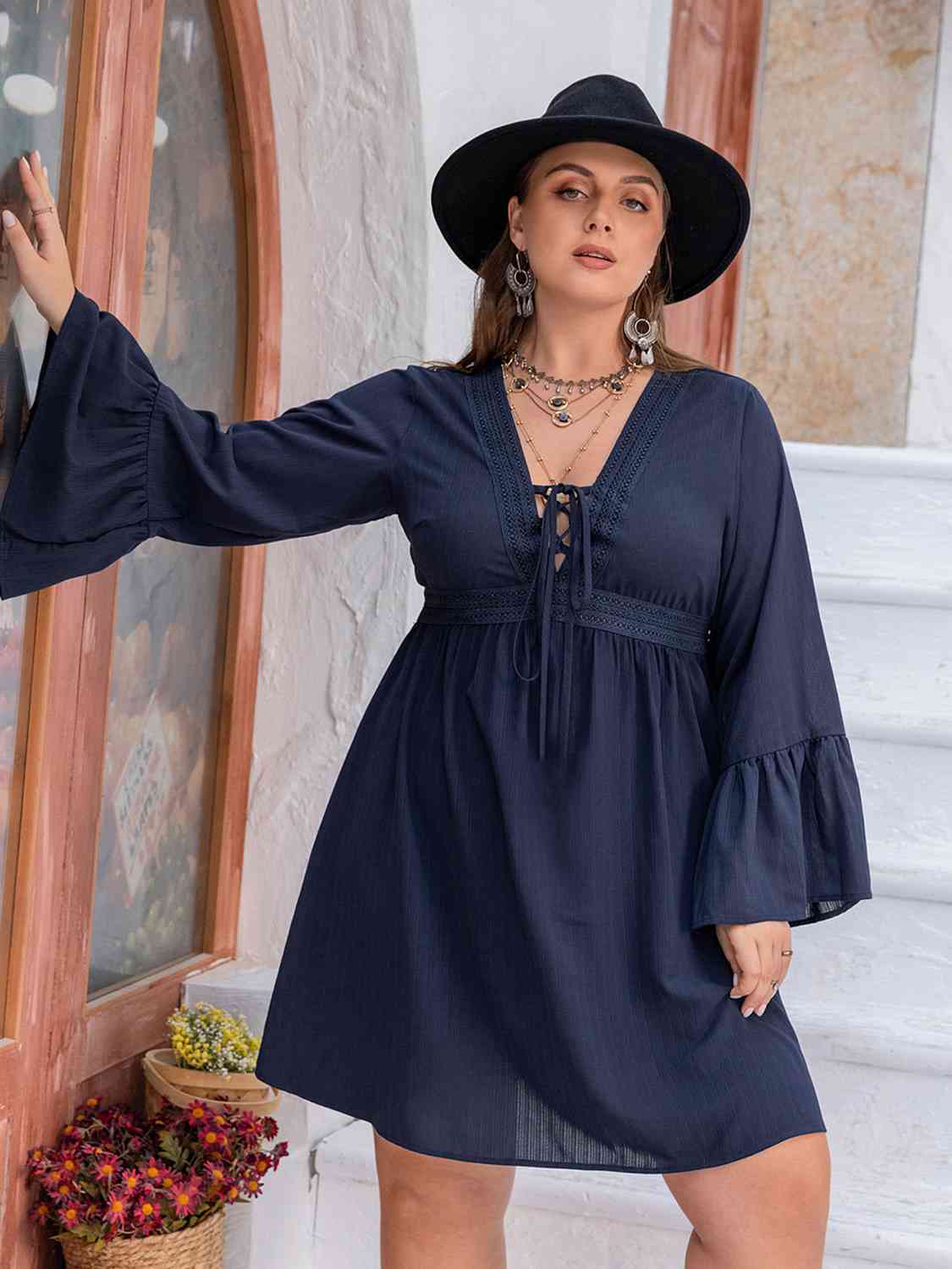 Plus Size Tie Front V-Neck Flare Sleeve Dress -BazaarBey - www.shopbazaarbey.com