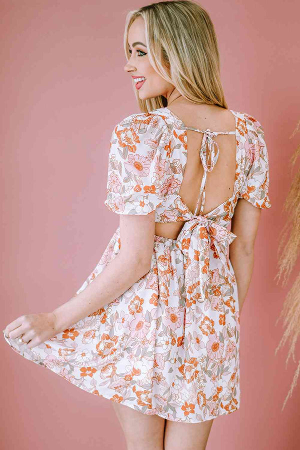 Floral Tie-Back Puff Sleeve Dress -BazaarBey - www.shopbazaarbey.com