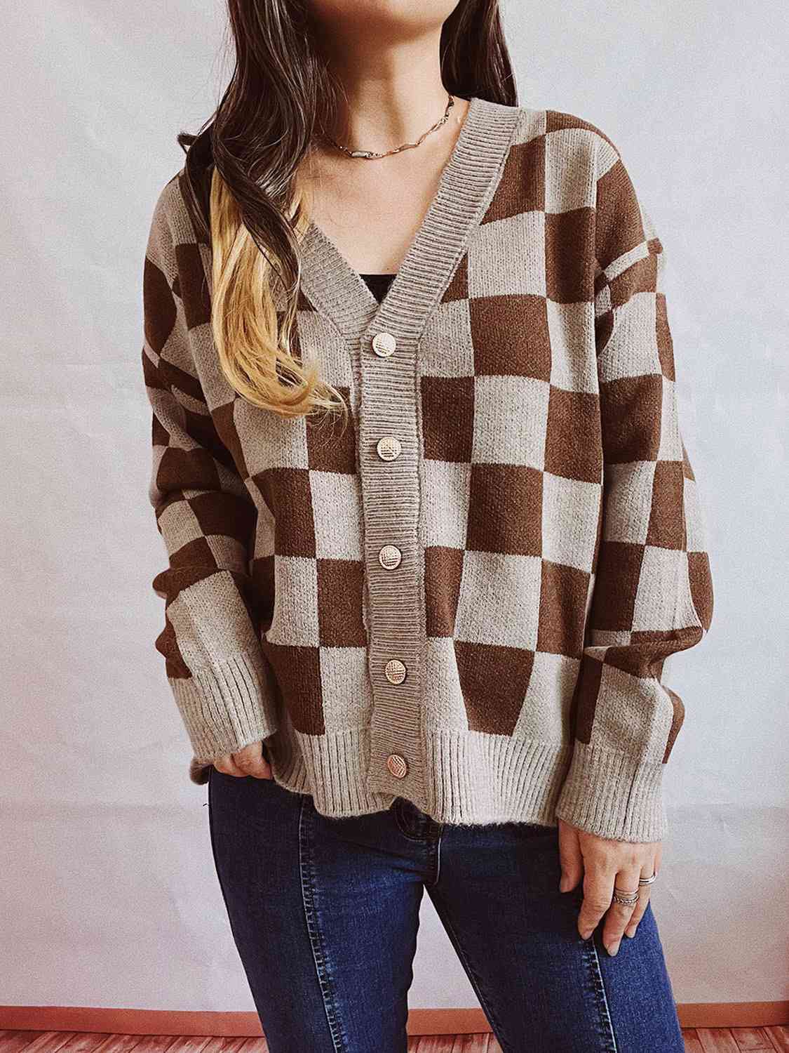 BazaarBey Checkered Open Front Button Up Cardigan Bazaarbey