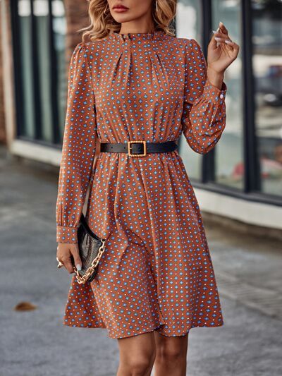 Printed Ruched Mock Neck Long Sleeve Dress -BazaarBey - www.shopbazaarbey.com