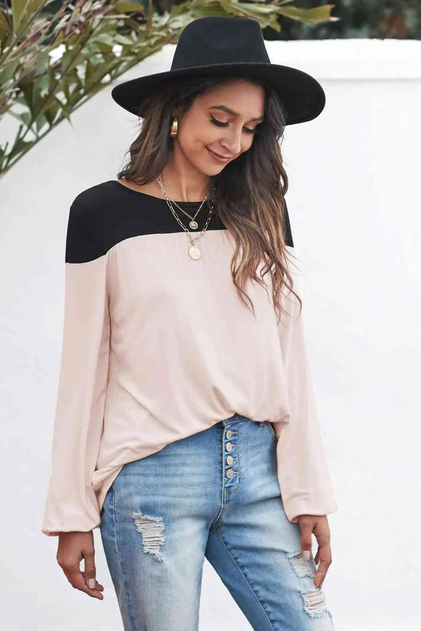 BazaarBey Contrast Balloon Sleeve Blouse Bazaarbey