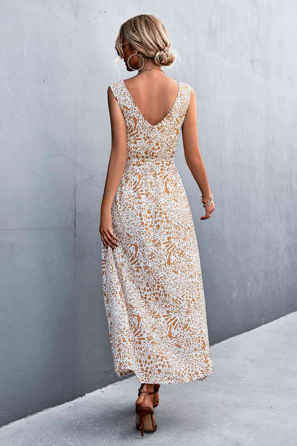 Printed V-Neck Tie Waist Maxi Dress Bazaarbey