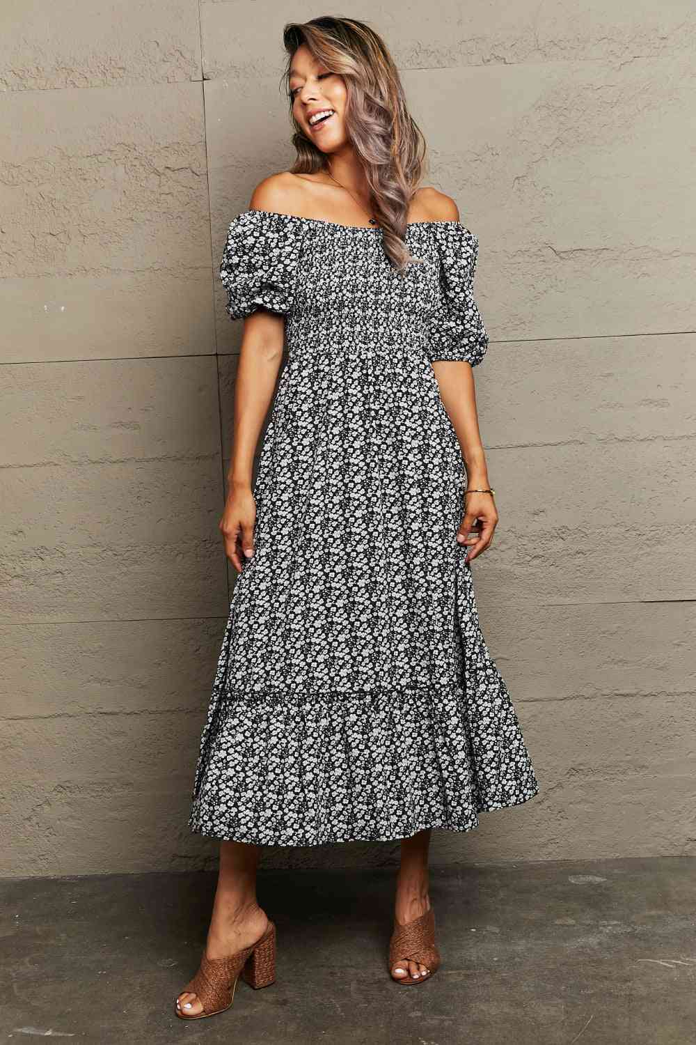 Floral Lace-Up Off-Shoulder Midi Dress -BazaarBey - www.shopbazaarbey.com