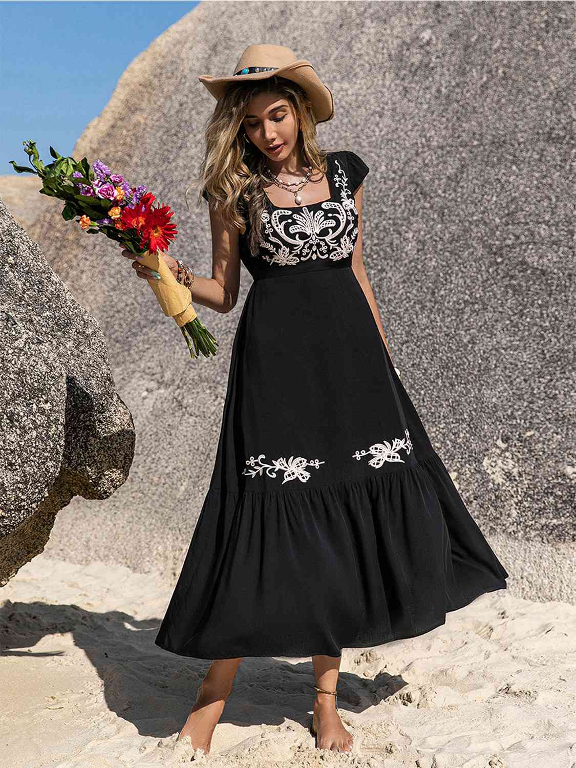 Embroidered Square Neck Ruffle Hem Dress -BazaarBey - www.shopbazaarbey.com