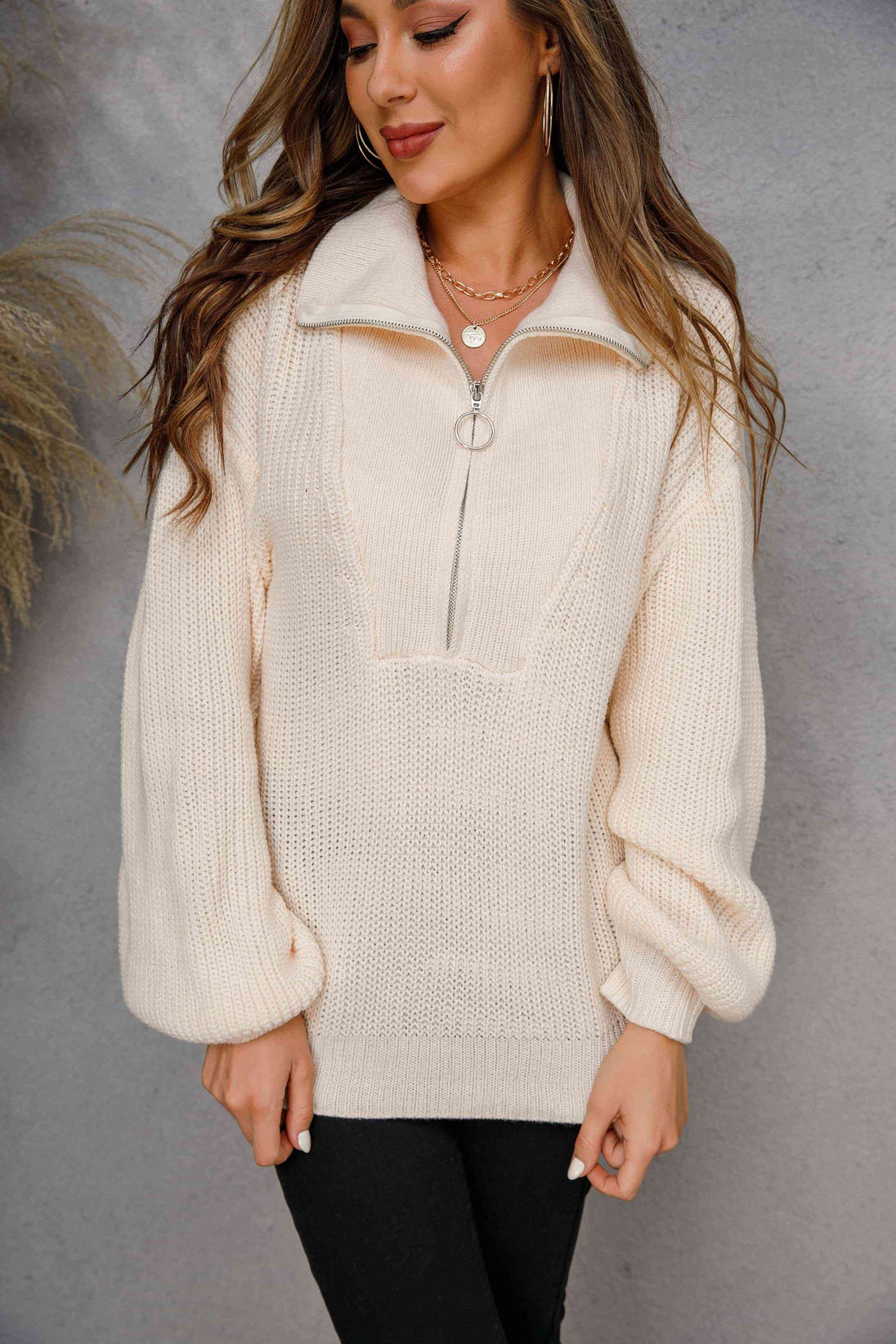 Collared Neck Zip-Up Knit Top Trendsi