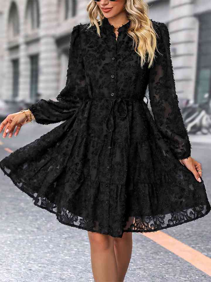 V-Neck Long Sleeve Buttoned Dress -BazaarBey - www.shopbazaarbey.com
