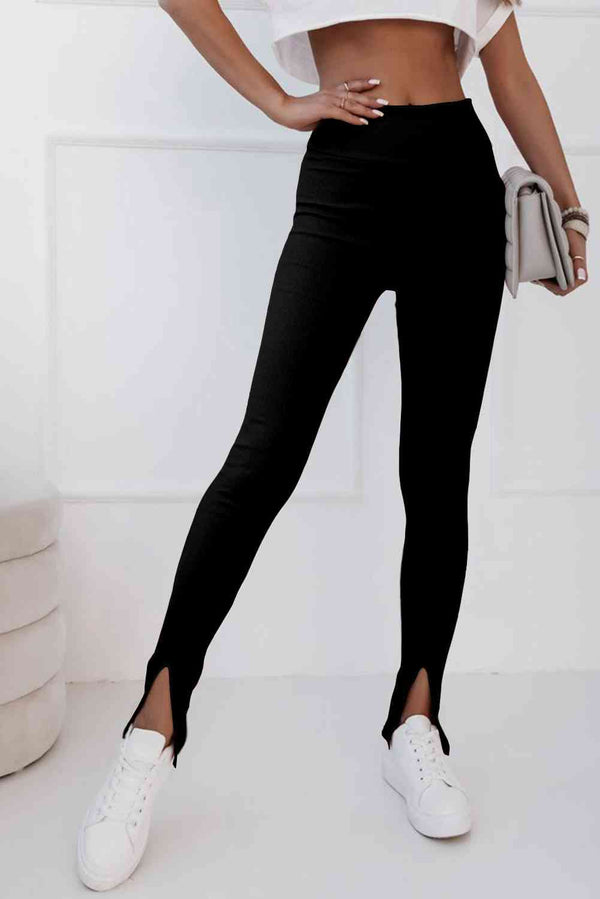 High Waist Ribbed Slit Leggings Bazaarbey
