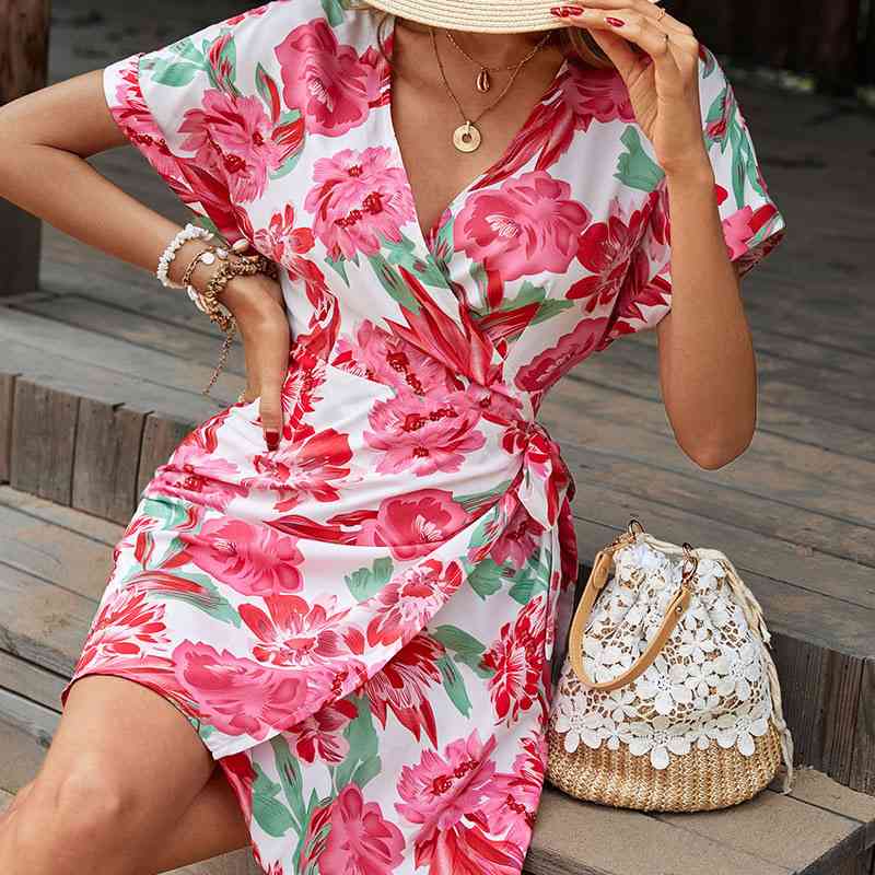 Floral Tied Short Sleeve Mini Dress -BazaarBey - www.shopbazaarbey.com