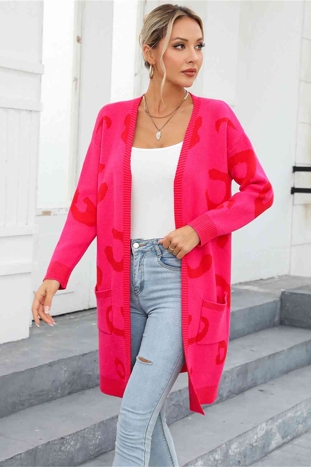 Printed Long Sleeve Cardigan with Pockets Trendsi