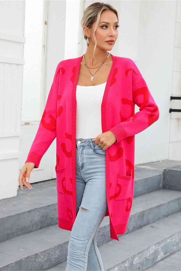 Printed Long Sleeve Cardigan with Pockets Trendsi