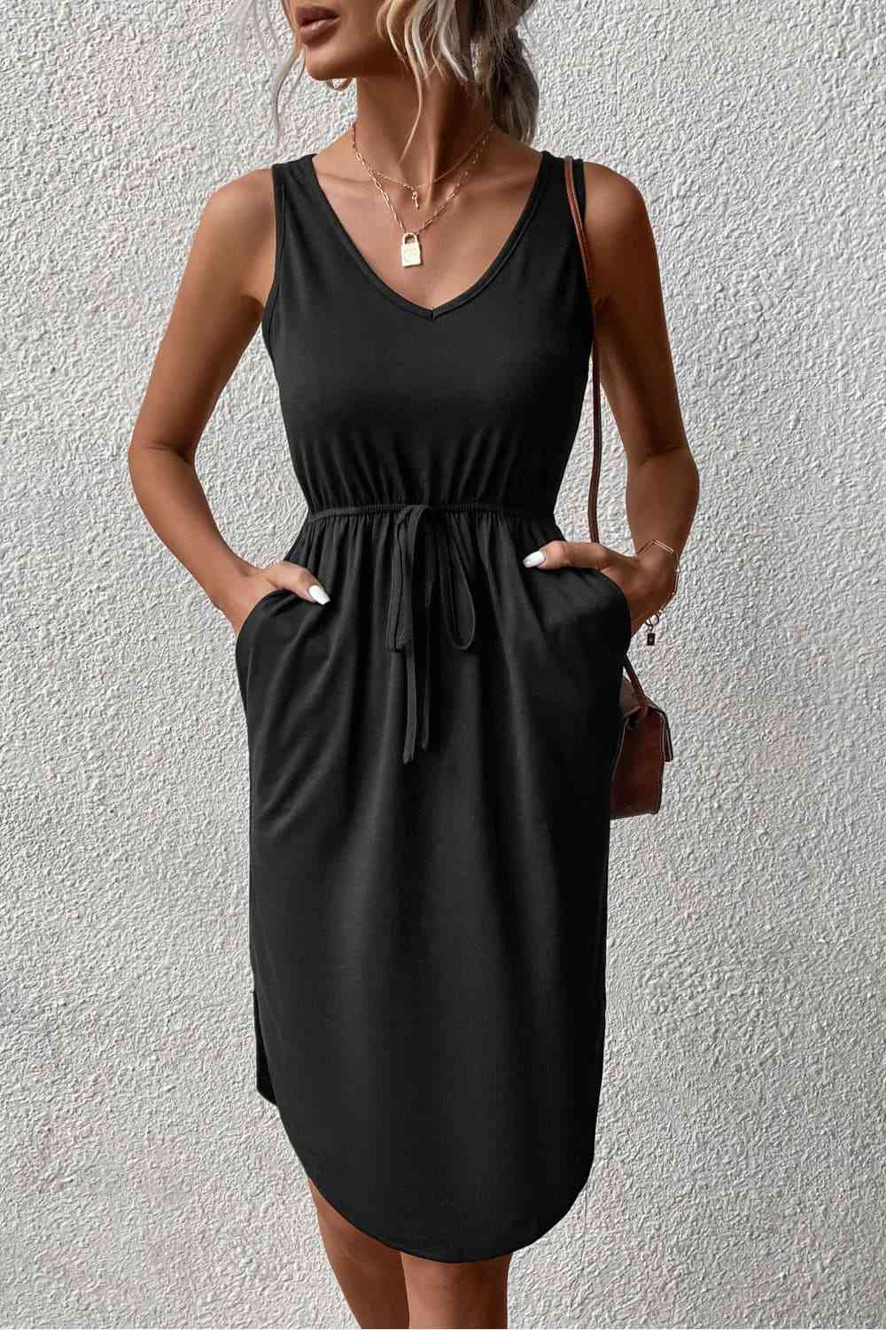 V-Neck Curved Hem Sleeveless Dress -BazaarBey - www.shopbazaarbey.com