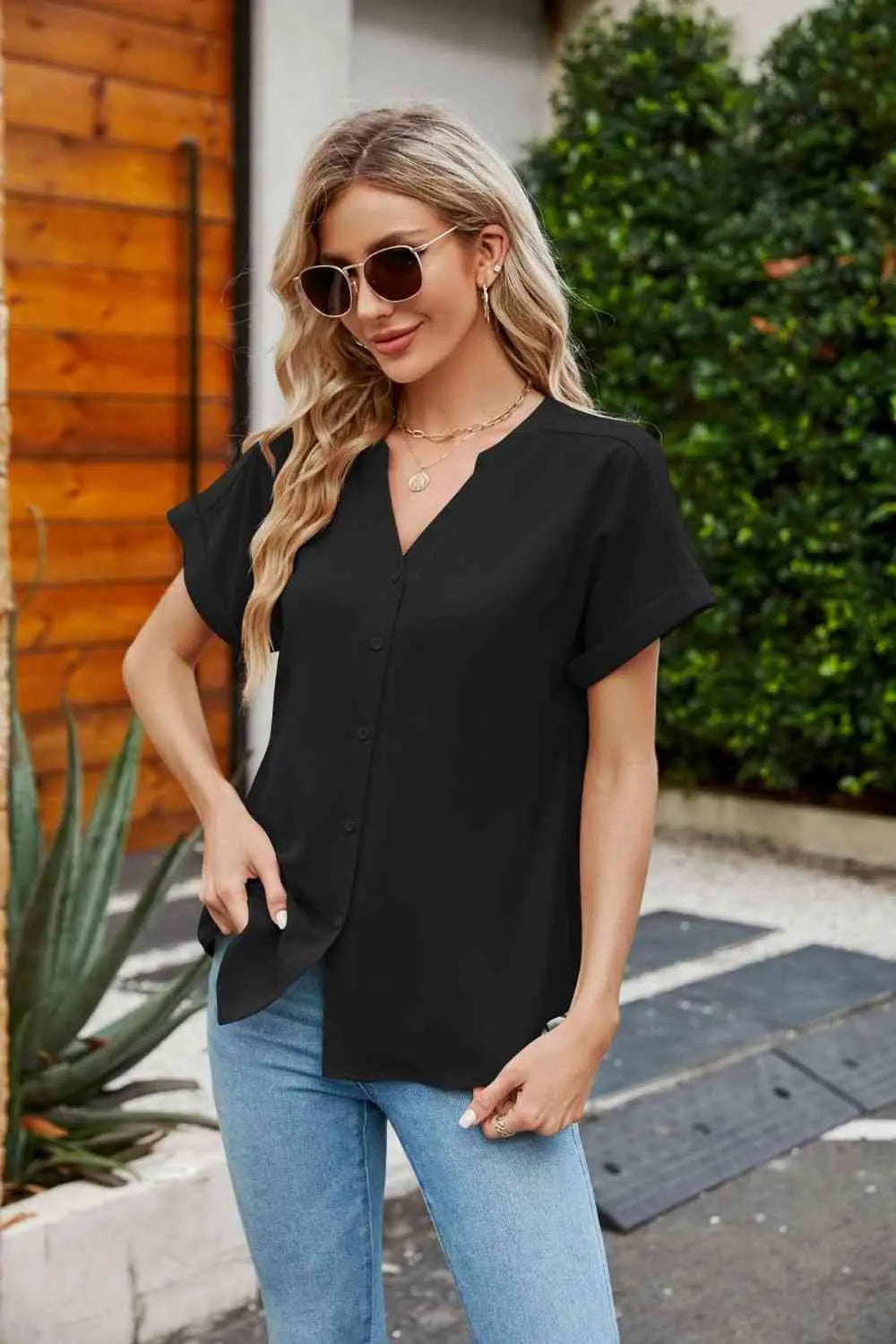 Notched Neck Cuffed Sleeve Shirt Bazaarbey