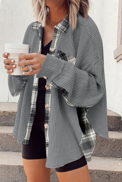 Plaid Button Down Collared Jacket Trendsi