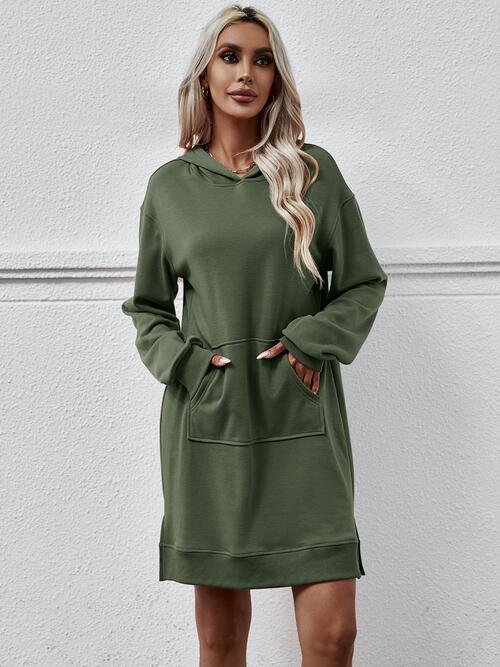 Slit Long Sleeve Hooded Dress with Pocket -BazaarBey - www.shopbazaarbey.com