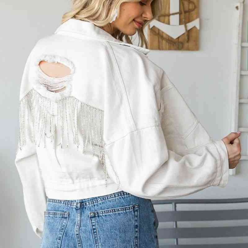 Cropped Collared Neck Dropped Shoulder Denim Jacket Bazaarbey