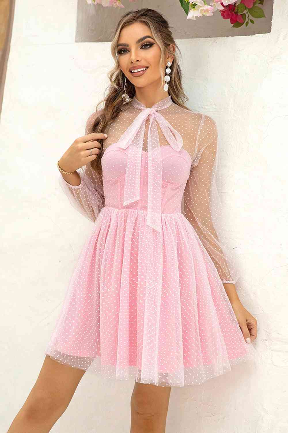 Tie Neck Open Back Mesh Dress -BazaarBey - www.shopbazaarbey.com
