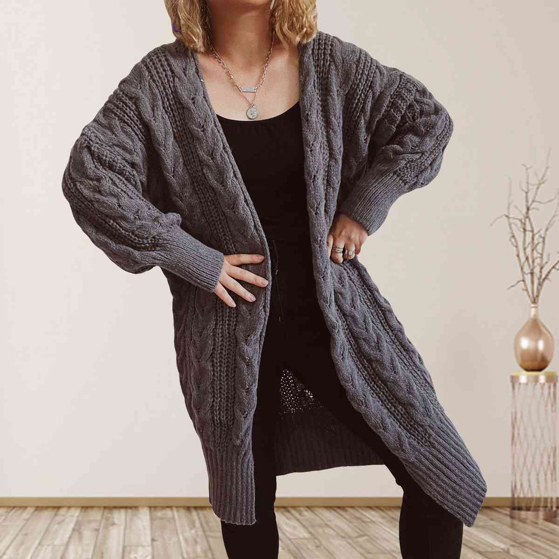 Cable-Knit Open Front Dropped Shoulder Cardigan Trendsi