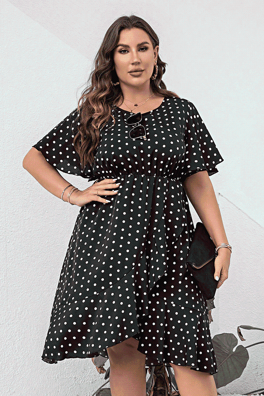 Plus Size Pol Flutter Sleeve Dress -BazaarBey - www.shopbazaarbey.com