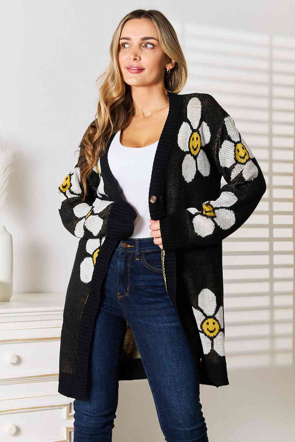 BazaarBey  Floral Button Down Longline Cardigan Bazaarbey
