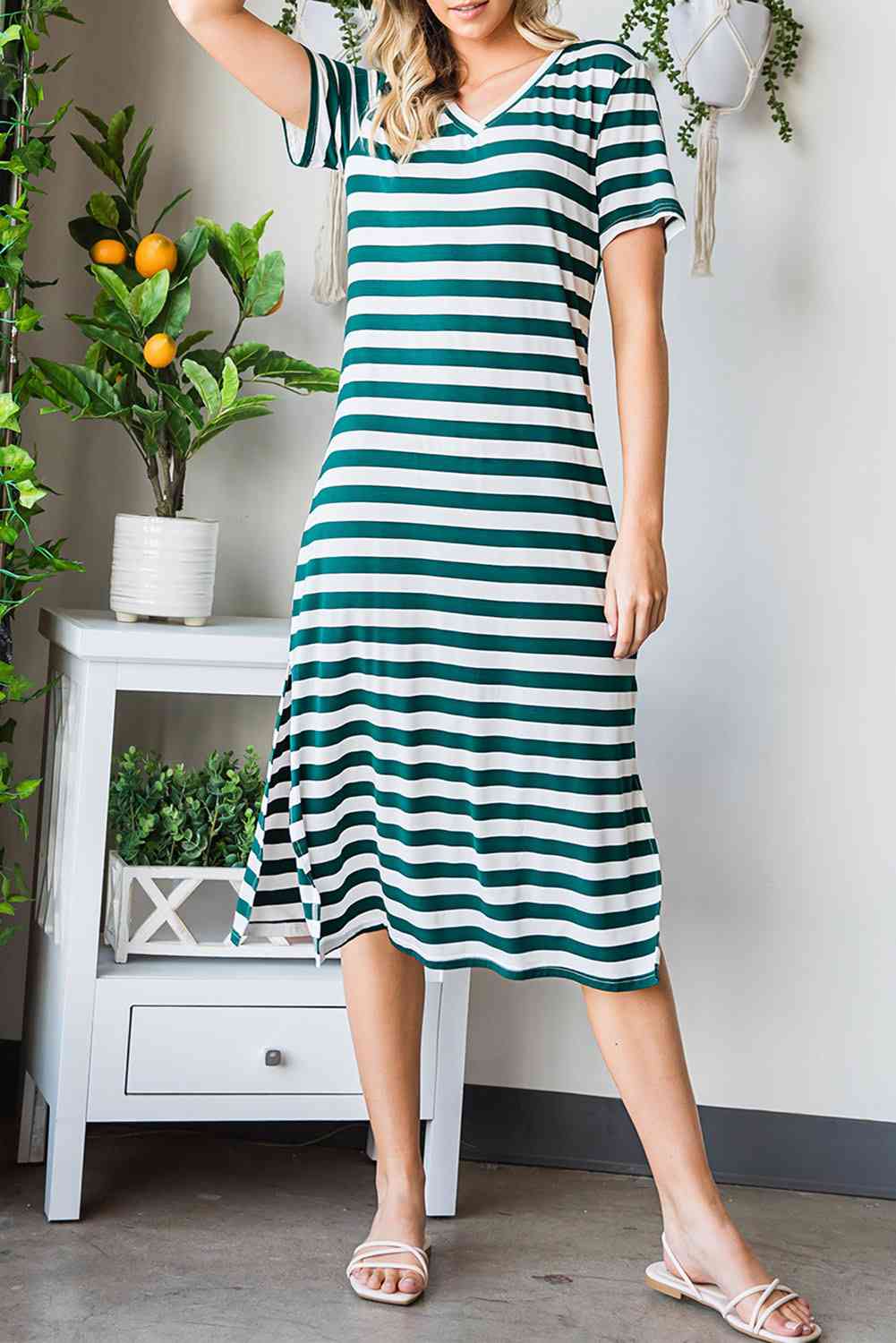 Striped V-Neck Short Sleeve Side Slit Dress -BazaarBey - www.shopbazaarbey.com