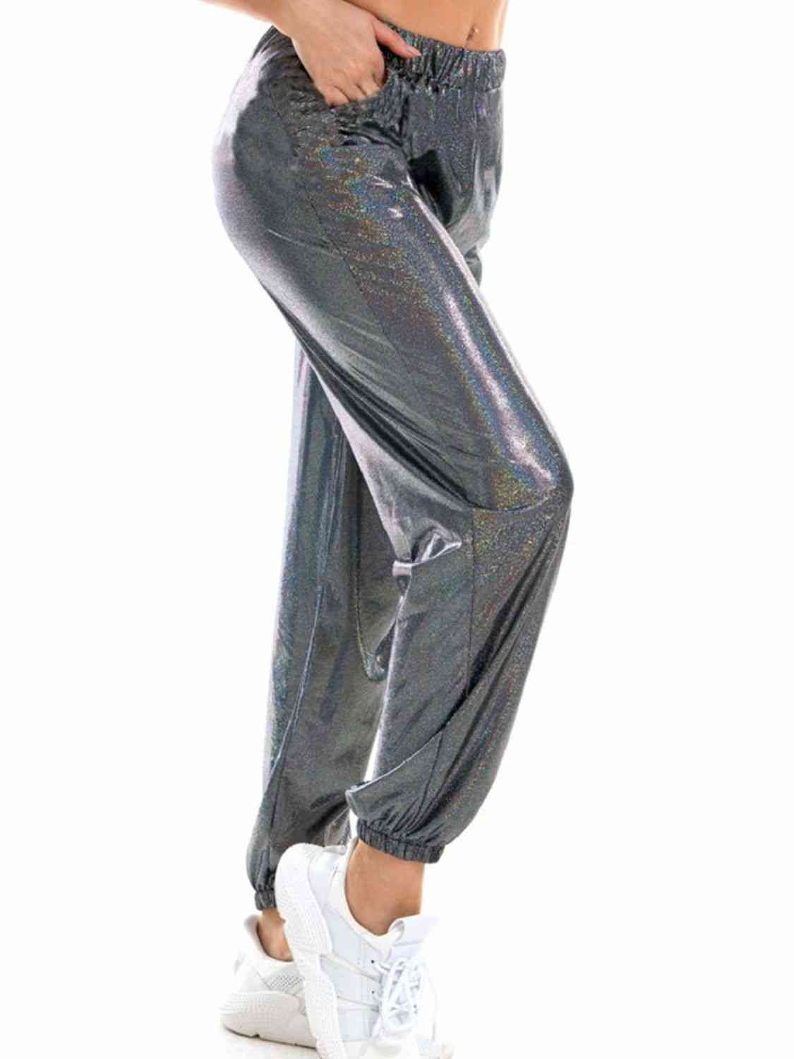 Glitter Elastic Waist Pants with Pockets Bazaarbey